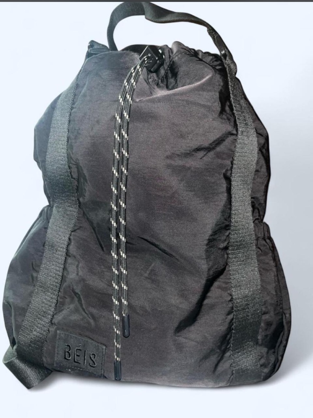 BEIS Black Drawstring Nylon Tote with Webbing Straps